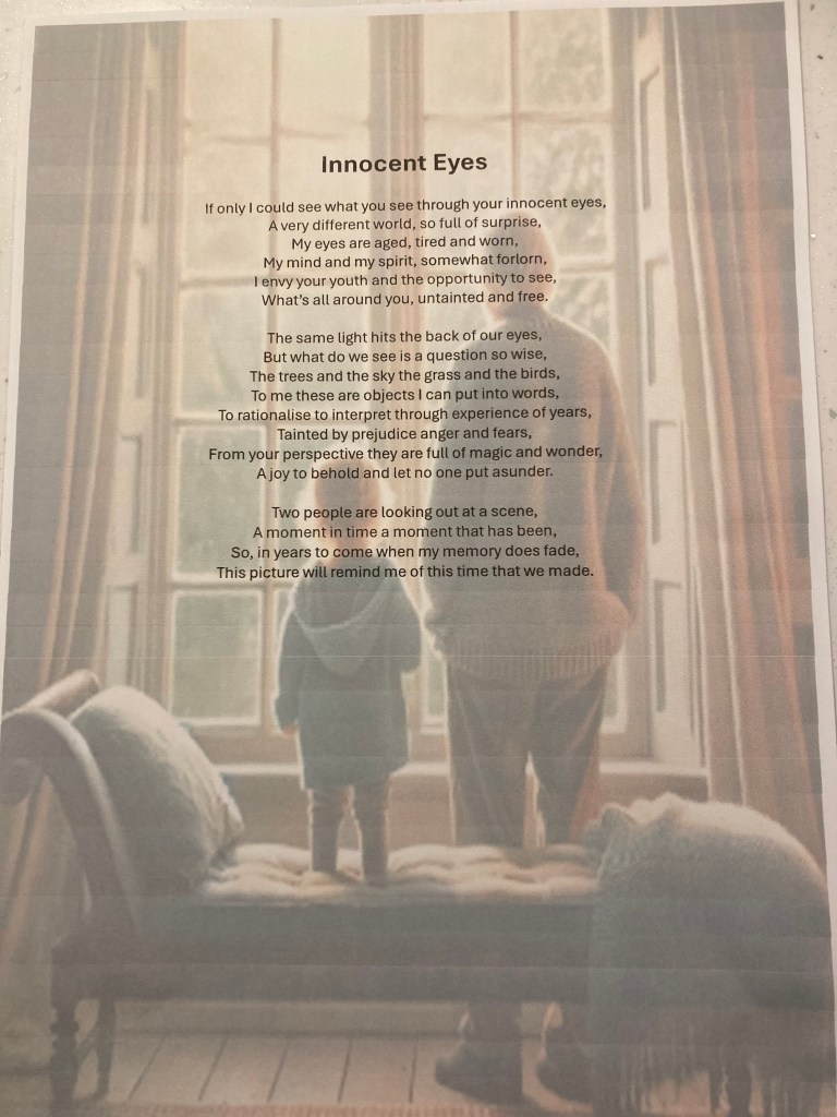 An old man and a young child looking thoughtfully out of a window onto a garden.