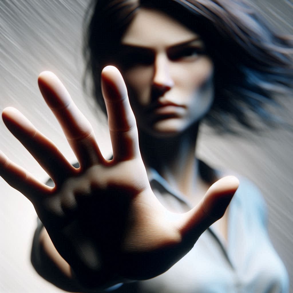 A confident woman holding out palm of hand in a assertive way of saying 'no'.